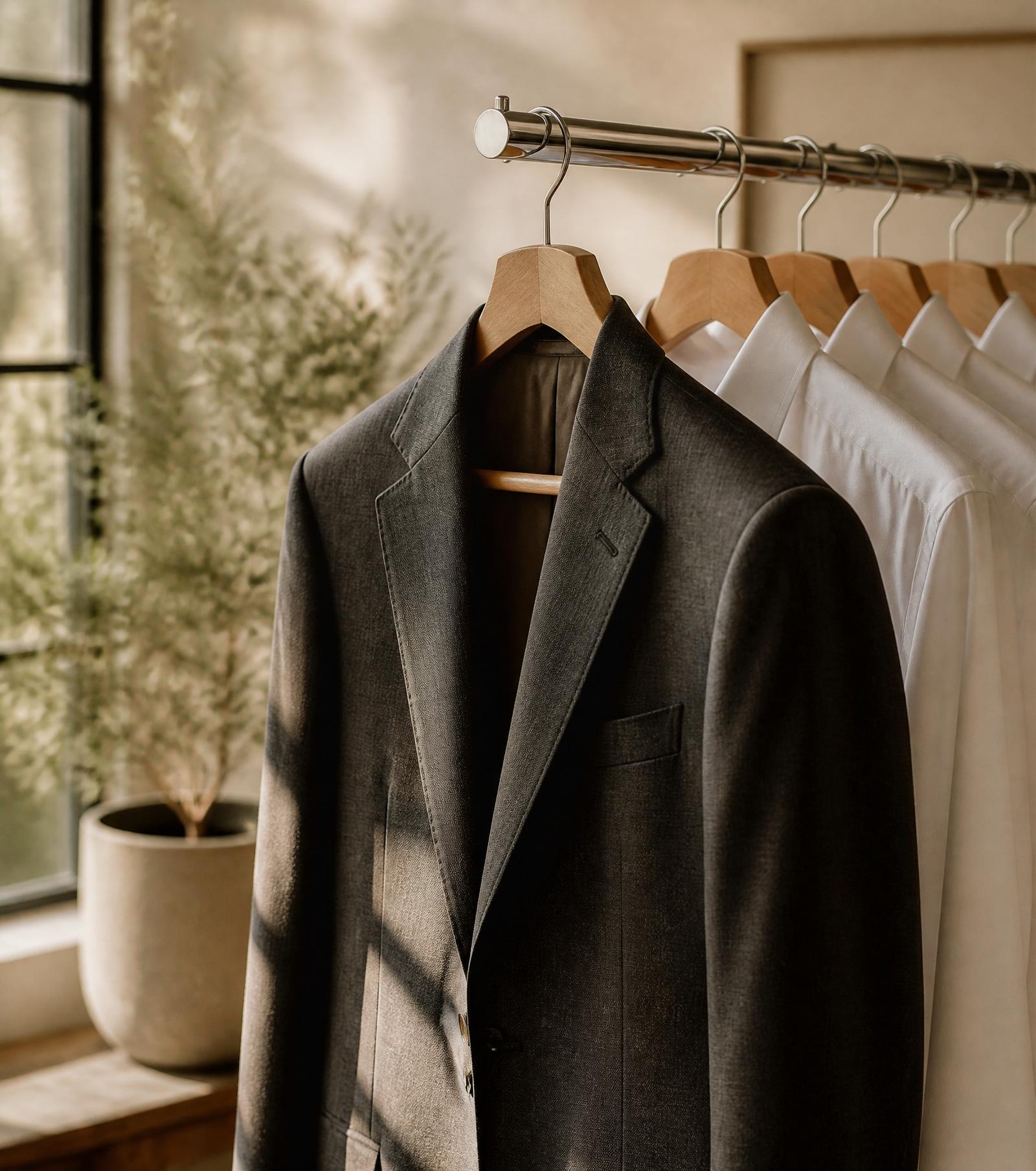 Freshly pressed suit jacket and dress shirts on wooden hangers